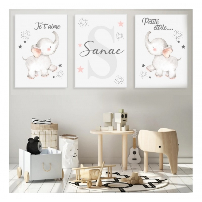 3 panneaux personnalisés Little Elephants Gris -  Lot de 3 pièces - SWEET MURALE