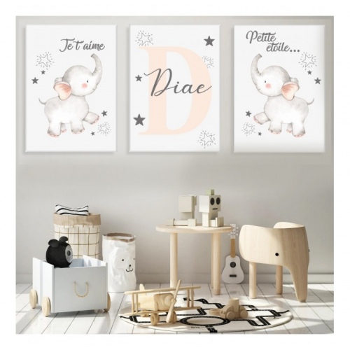 3 personalized sets Little Elephants Salmon -  Set of 3 pieces - SWEET MURALE