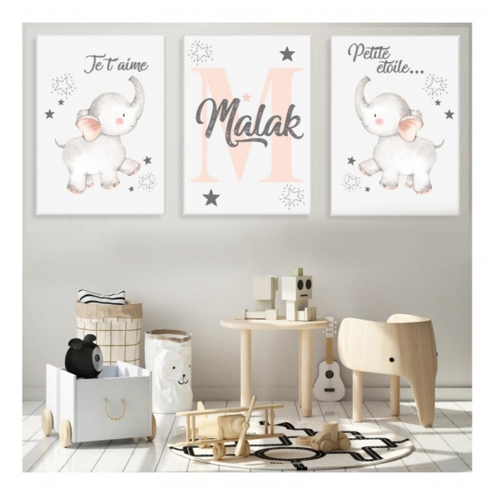 3 panneaux personnalisés Little Elephants Saumon 2 -  Lot de 3 pièces - SWEET MURALE
